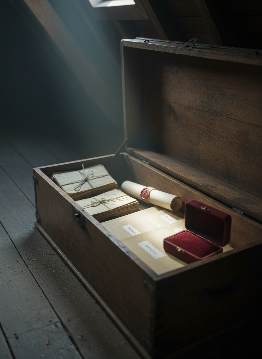 An old wooden attic storage trunk, its lid open to reveal a carefully arranged collection of genealogy treasures: tied bundles of yellowed letters sealed with thin twine, a rolled marriage certificate with a red wax seal, a stack of labeled document sleeves, and a small, velvet-covered keepsake box slightly ajar. The rough plank floor and exposed rafters frame the scene. A single beam of cool, dust-filled light enters from a high, unseen window, illuminating the contents while leaving the background in gentle shadow. Photographic realism, shot at a low, three-quarter angle, creating a quiet, contemplative mood that suggests undiscovered family stories waiting to be shared.