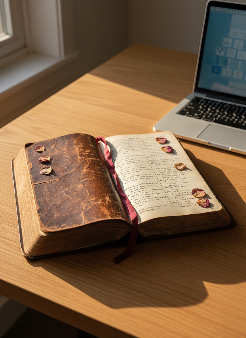 An open, weathered leather-bound family Bible resting on a smooth oak desk, its thick, slightly yellowed pages filled with handwritten birth and marriage records in faded ink. A silk ribbon marker lies across the center fold, and a few dried flower petals are pressed near the margins. To the side, a modern silver laptop is partially visible, its screen softly glowing with a blurred family tree diagram. Warm afternoon light from a nearby window casts gentle highlights on the leather grain and creates soft, directional shadows. Photographic realism, composed at eye level with a balanced, professional framing, blending old and new tools of genealogy research in a calm, reflective atmosphere.