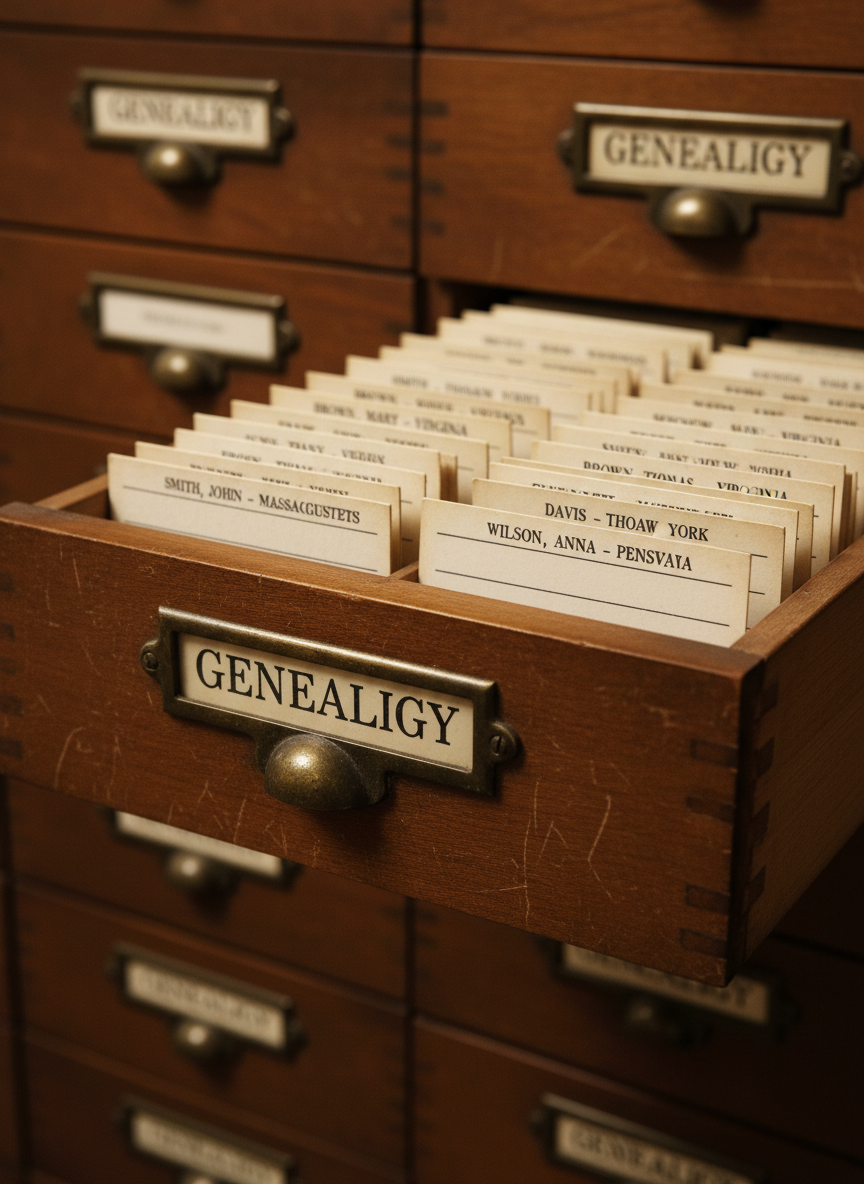 A close-up of a vintage wooden card catalog drawer pulled open from an old library cabinet, its honey-toned wood showing subtle wear, tiny scratches, and a brass label holder engraved with the word “Genealogy.” Inside, neatly aligned index cards with typed and stamped headings for surnames and locations are visible, their edges slightly frayed and yellowed. One card is pulled slightly forward, drawing the eye. Soft, warm overhead lighting casts gentle shadows within the drawer and creates a nostalgic yet professional atmosphere. Photographic realism, captured from a low, intimate angle with a shallow depth of field, making the front cards crisp while the cabinet drawers recede into a soft blur in the background.