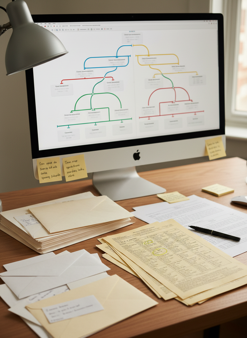 A carefully organized genealogy research workspace featuring a large, high-resolution computer monitor displaying a detailed digital family tree interface with color-coded branches and labeled generations, all slightly blurred for privacy. In front of the monitor lies a tidy array of archival document folders, acid-free envelopes, and a stack of printed census records with highlighted names. A precise black fineliner pen and yellow sticky notes with small, unreadable scribbles add to the sense of active research. Cool, even desk-lamp lighting combines with soft ambient daylight, creating a clean, modern, and professional mood. Photographic realism, shot from a slightly elevated angle with sharp focus throughout, emphasizing clarity, organization, and methodical family history work.
